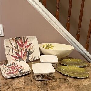 Melamine Floral Leaf Bamboo Serve Bowls, Trays and Plates Set Bundle